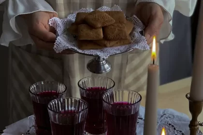 A variety of sweet wines displayed with a backdrop of vineyards.